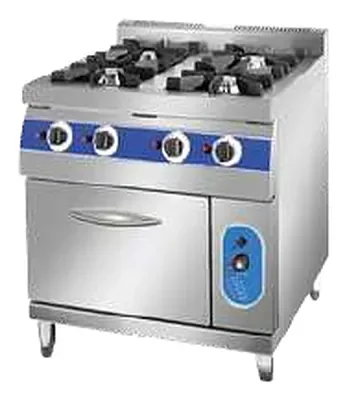 Stainless steel gas range with a burner top and a static oven below
