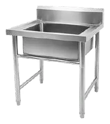 Stainless steel single-bowl sink on a braced frame with a backsplash