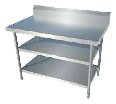 Stainless steel work table with a middle shelf, a bottom shelf and a backsplash